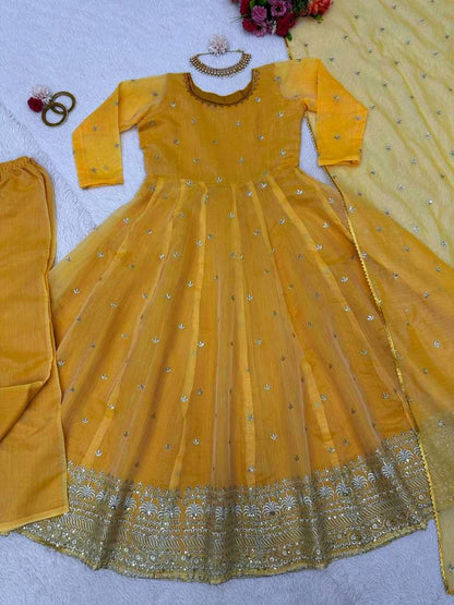 Yellow chanderi silk thread sequence work festive anarkali suit