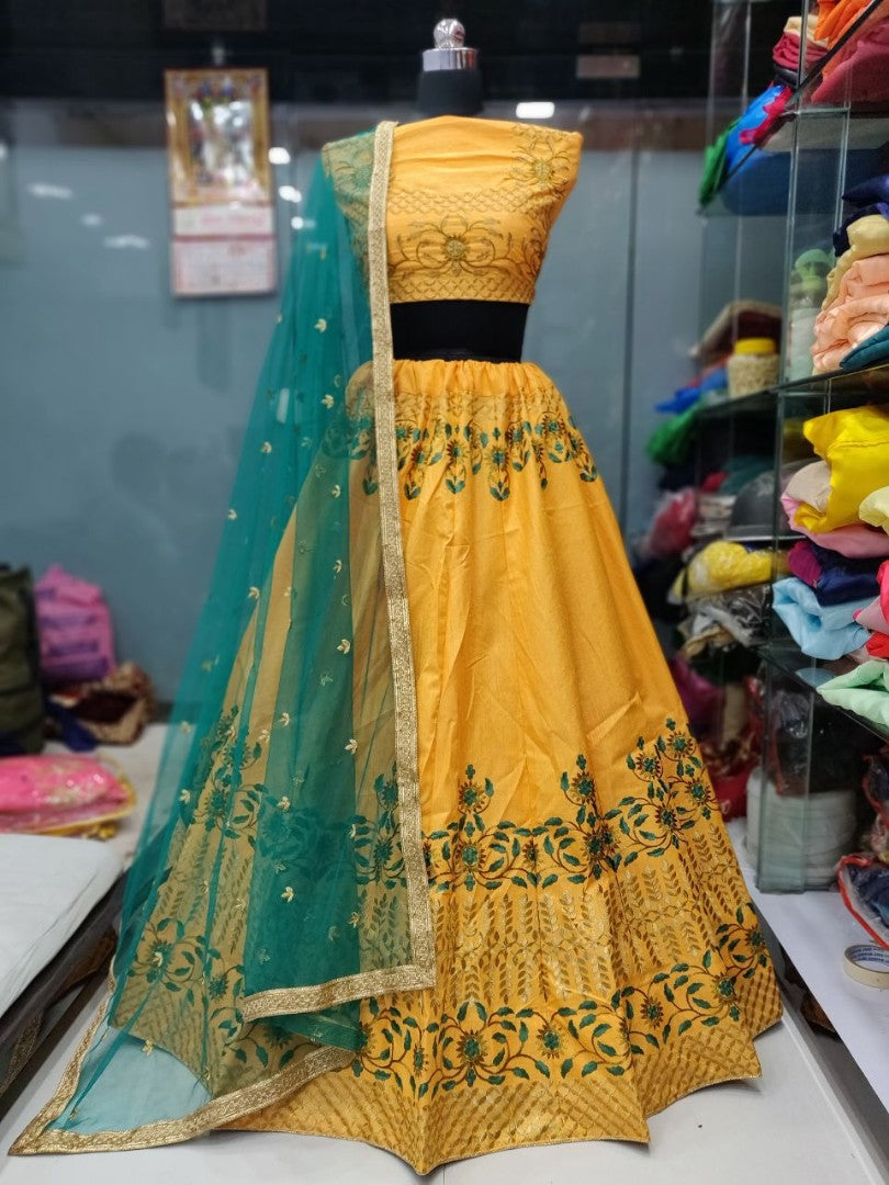 yellow chennai silk embroidered festival wear lehenga choli