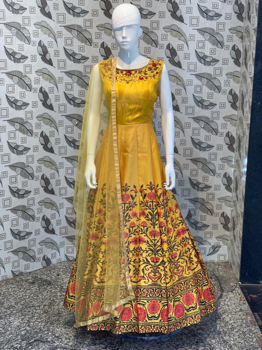 yellow chennai silk multiple work partywear gown