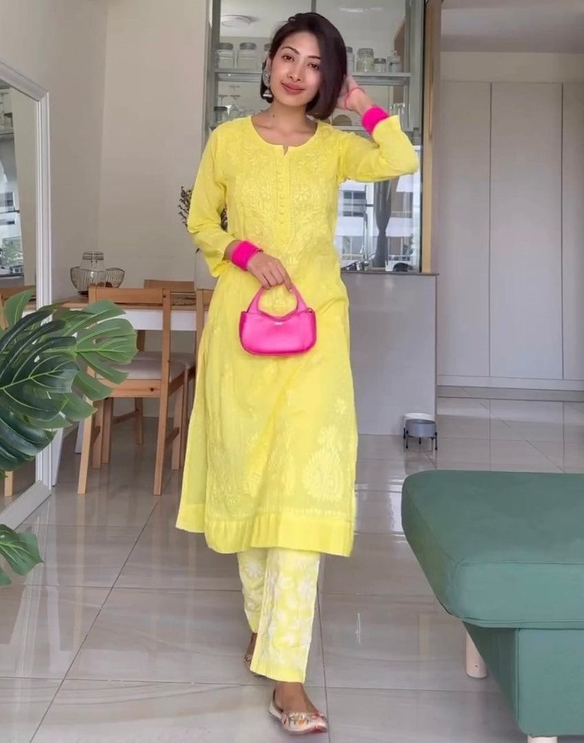 Yellow chikan buti thread work pant suit