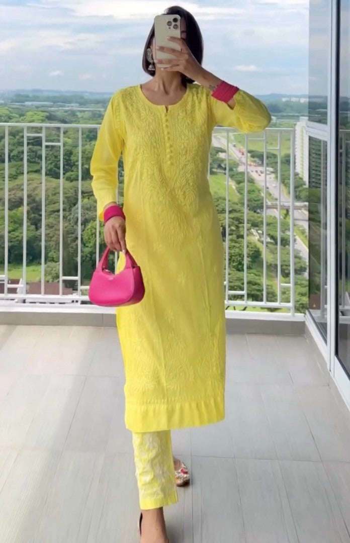 Yellow chikan buti thread work pant suit