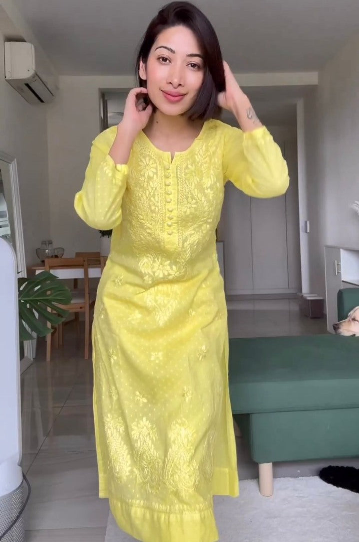 Yellow chikan buti thread work pant suit