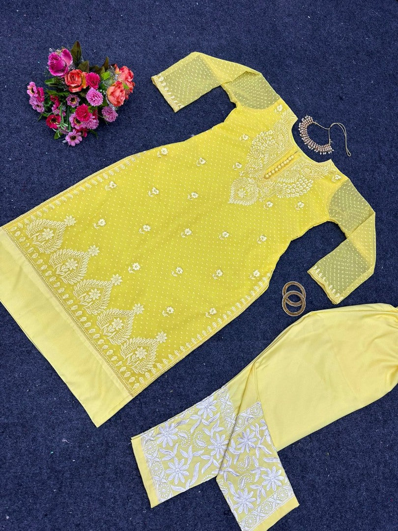 Yellow chikan buti thread work pant suit