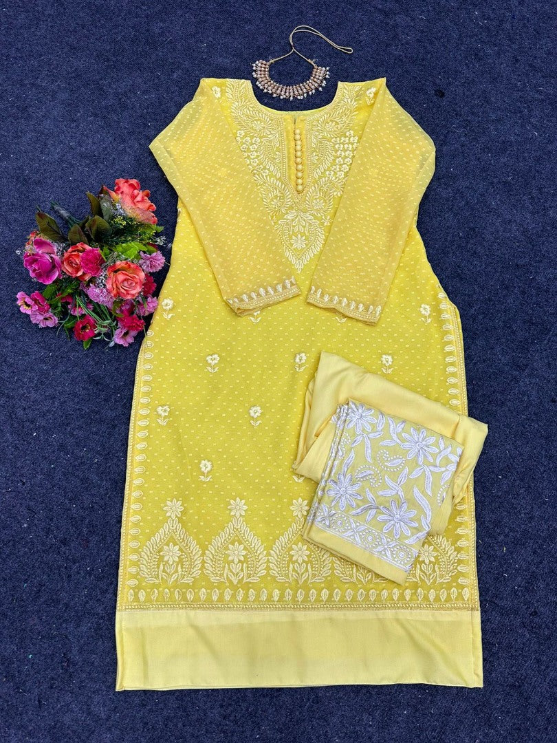 Yellow chikan buti thread work pant suit