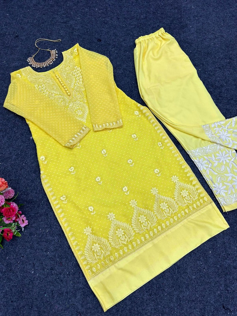 Yellow chikan buti thread work pant suit