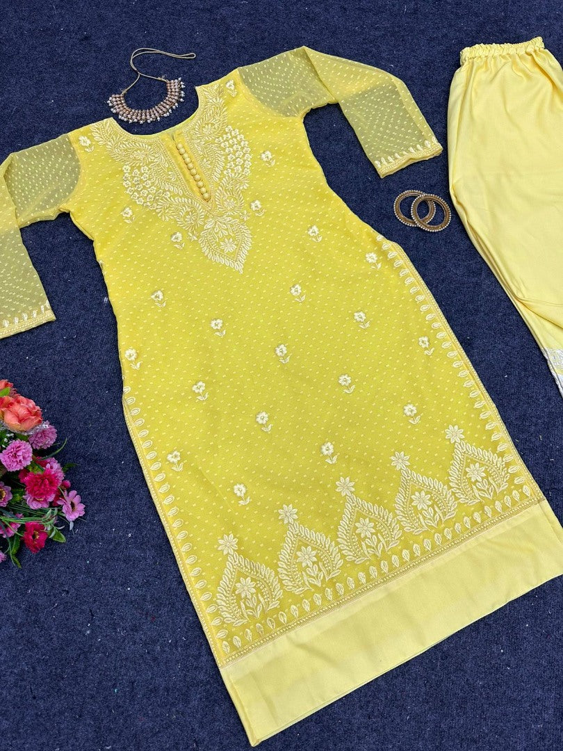 Yellow chikan buti thread work pant suit