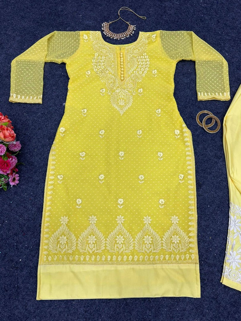 Yellow chikan buti thread work pant suit