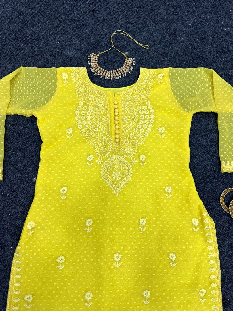 Yellow chikan buti thread work pant suit