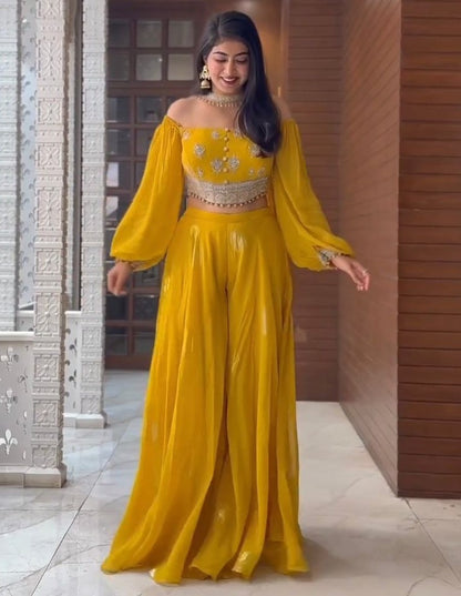 Yellow chinion silk thread sequence work crop top palazzo suit