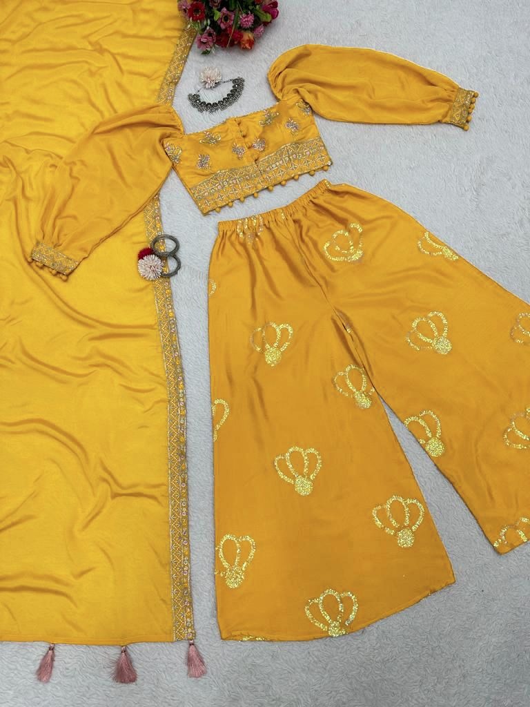 Yellow chinion silk thread sequence work crop top palazzo suit