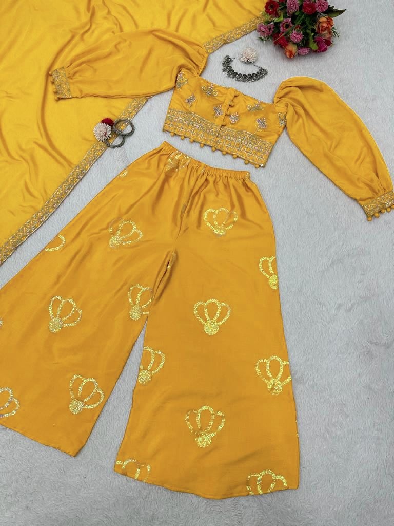 Yellow chinion silk thread sequence work crop top palazzo suit