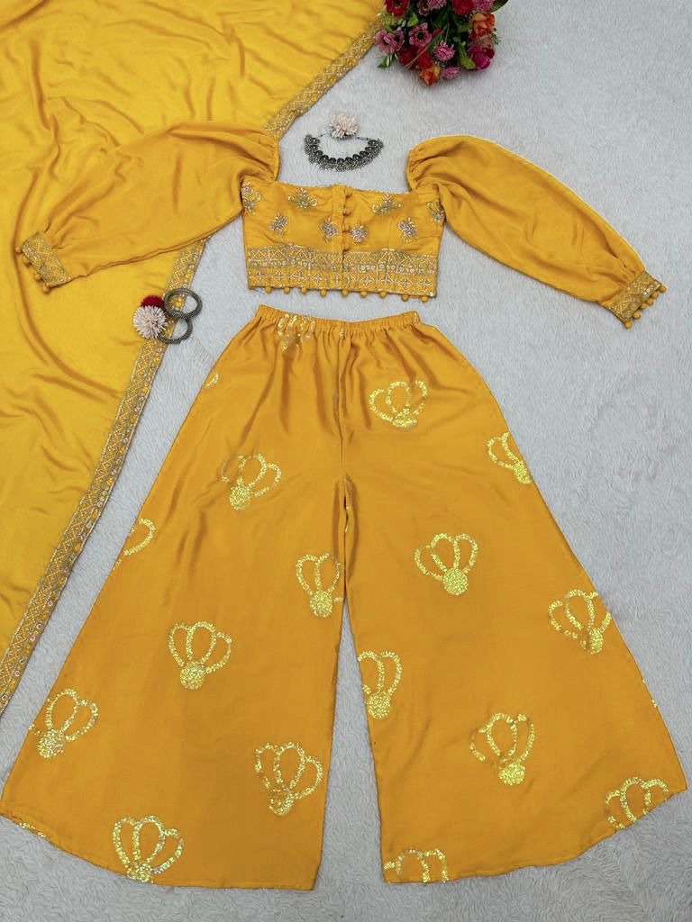 Yellow chinion silk thread sequence work crop top palazzo suit