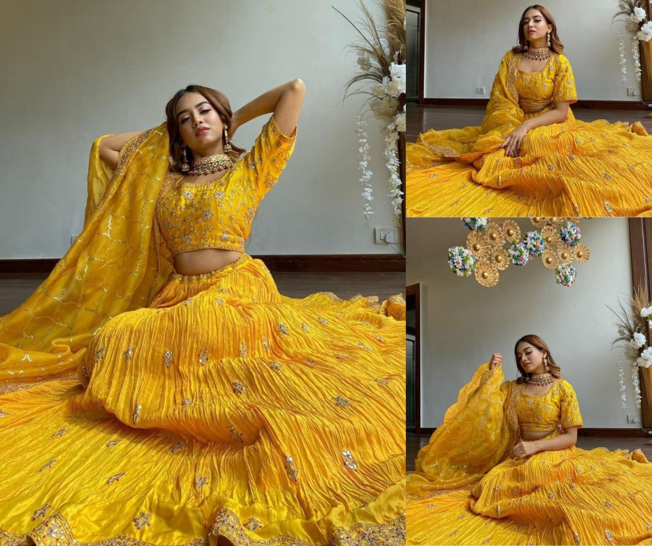 Yellow chinon silk embroidered pleated lehenga for haldi ceremony