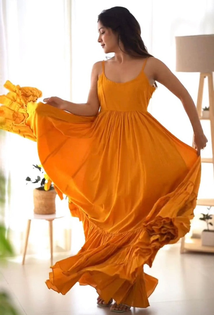 Yellow chinon silk heavy flair gown