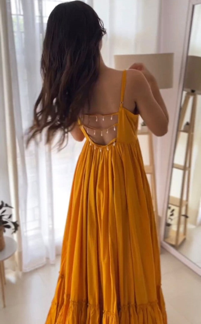 Yellow chinon silk heavy flair gown