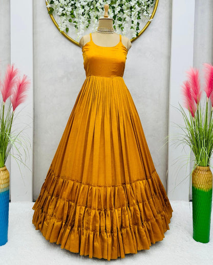 Yellow chinon silk heavy flair gown