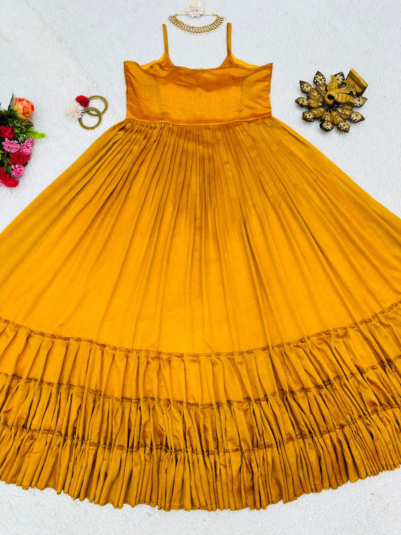 Yellow chinon silk heavy flair gown