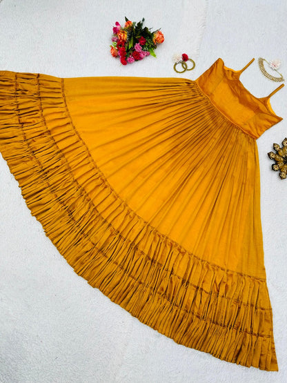 Yellow chinon silk heavy flair gown