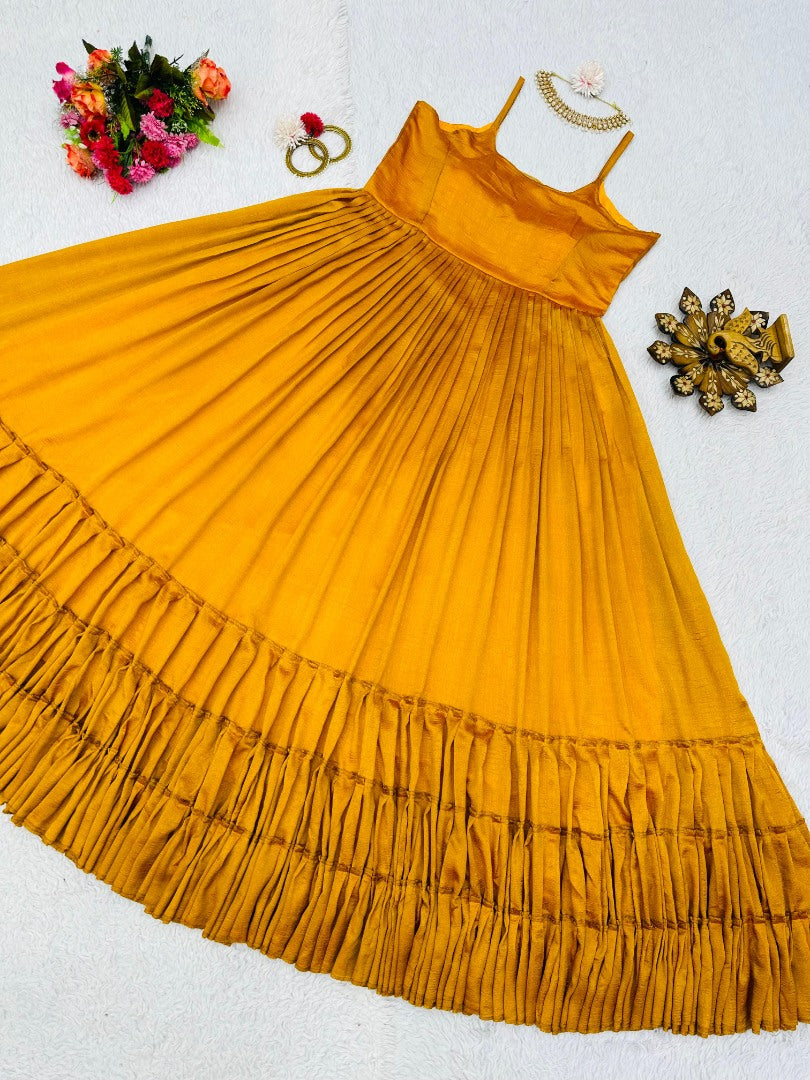 Yellow chinon silk heavy flair gown