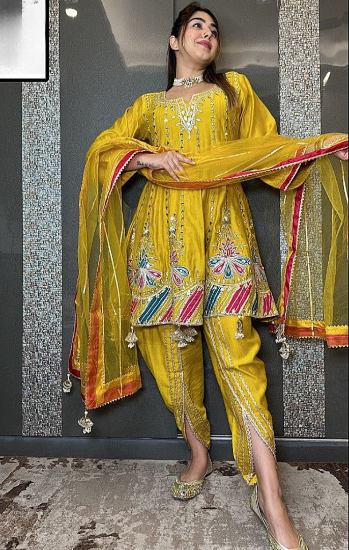 Yellow chinon silk heavy work dhoti suit