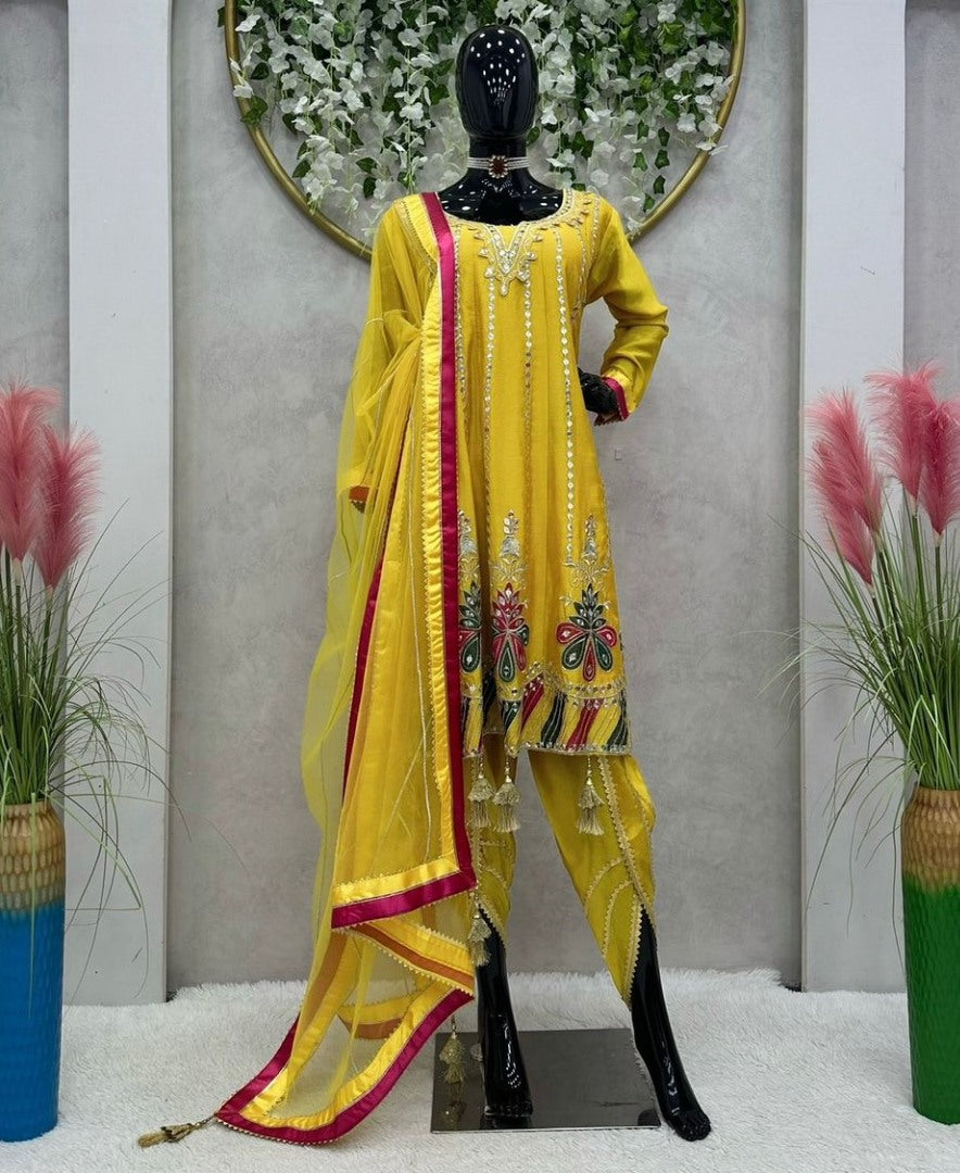 Yellow chinon silk heavy work dhoti suit