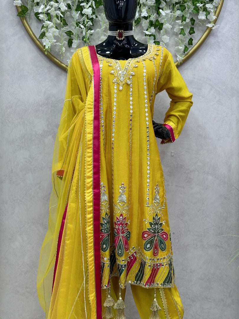 Yellow chinon silk heavy work dhoti suit