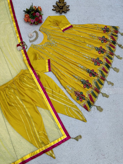 Yellow chinon silk heavy work dhoti suit