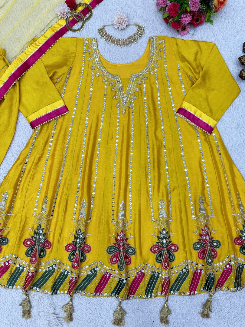 Yellow chinon silk heavy work dhoti suit