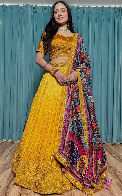 Yellow chinon silk lehenga choli for haldi ceremony