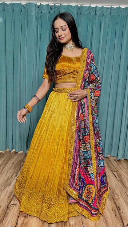 Yellow chinon silk lehenga choli for haldi ceremony