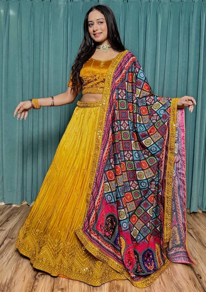 Yellow chinon silk lehenga choli for haldi ceremony