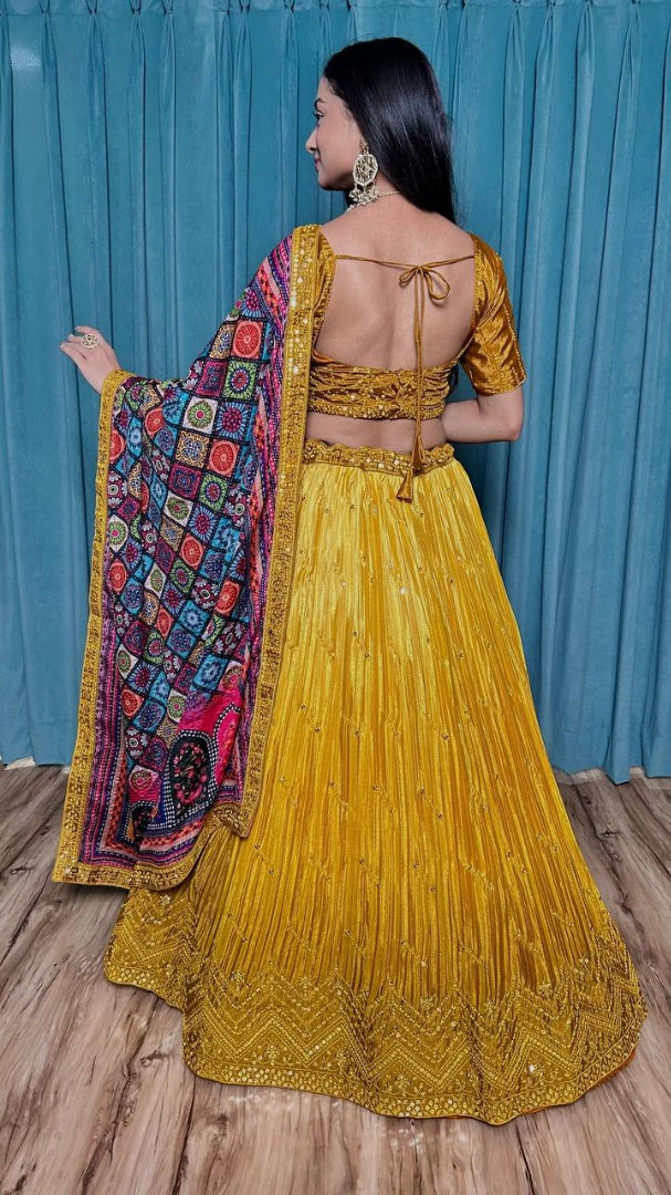 Yellow chinon silk lehenga choli for haldi ceremony