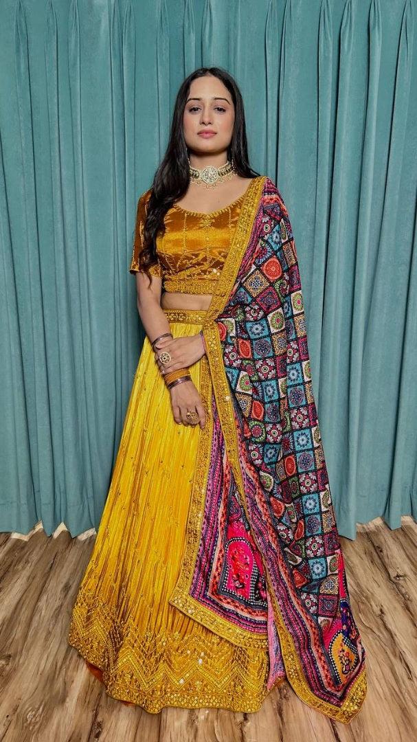 Yellow chinon silk lehenga choli for haldi ceremony