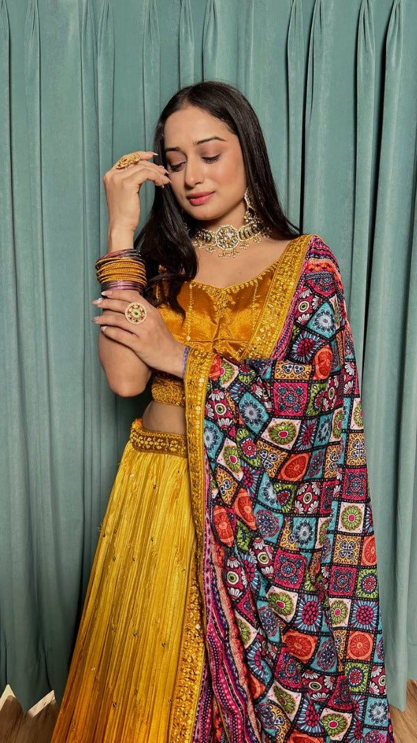 Yellow chinon silk lehenga choli for haldi ceremony