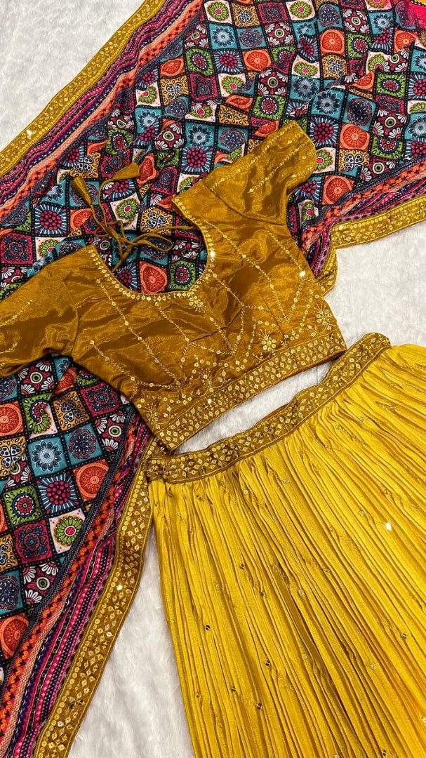 Yellow chinon silk lehenga choli for haldi ceremony