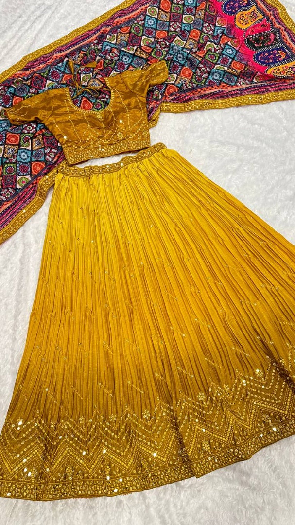 Yellow chinon silk lehenga choli for haldi ceremony