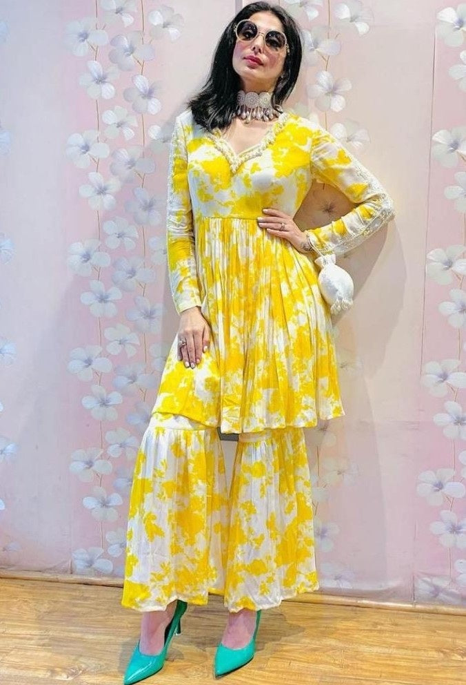 Yellow chinon silk printed sharara suit