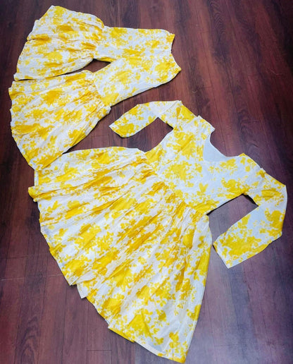 Yellow chinon silk printed sharara suit