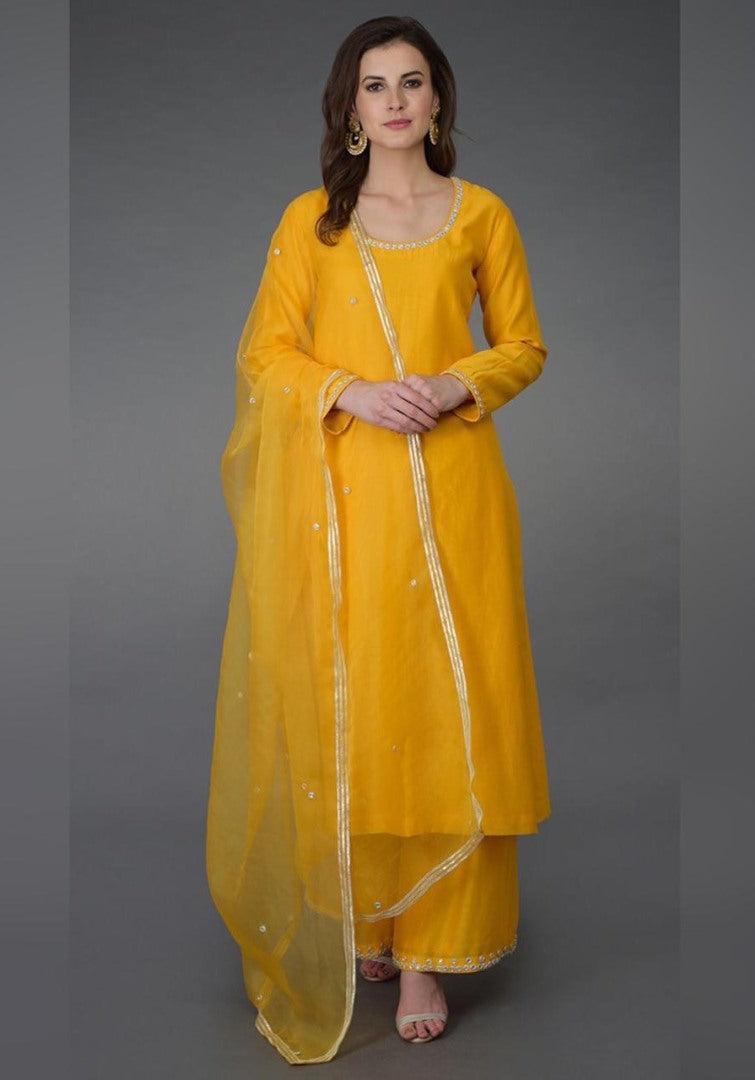 Yellow cotton border work plazzo suit