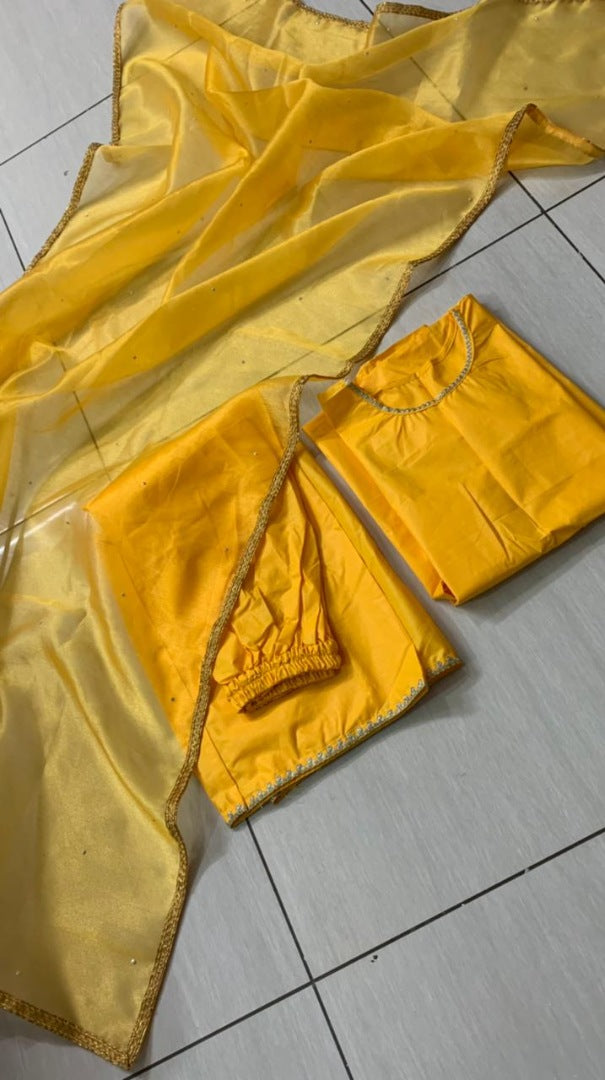 Yellow cotton border work plazzo suit