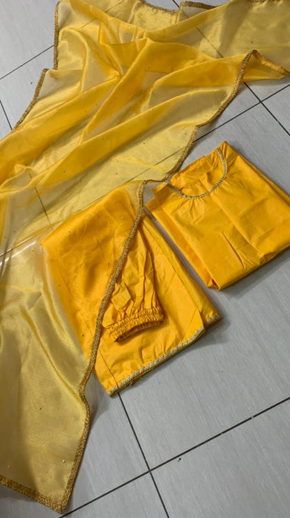 Yellow cotton border work plazzo suit