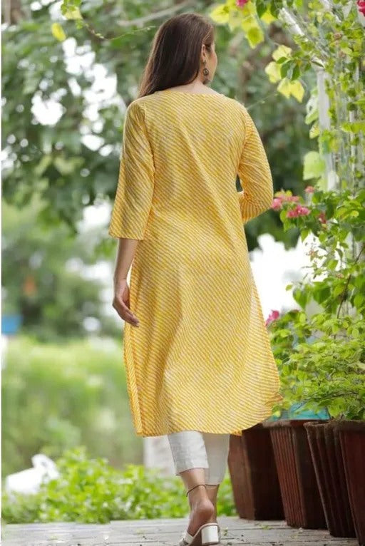 Yellow cotton lehariya printed straight kurti