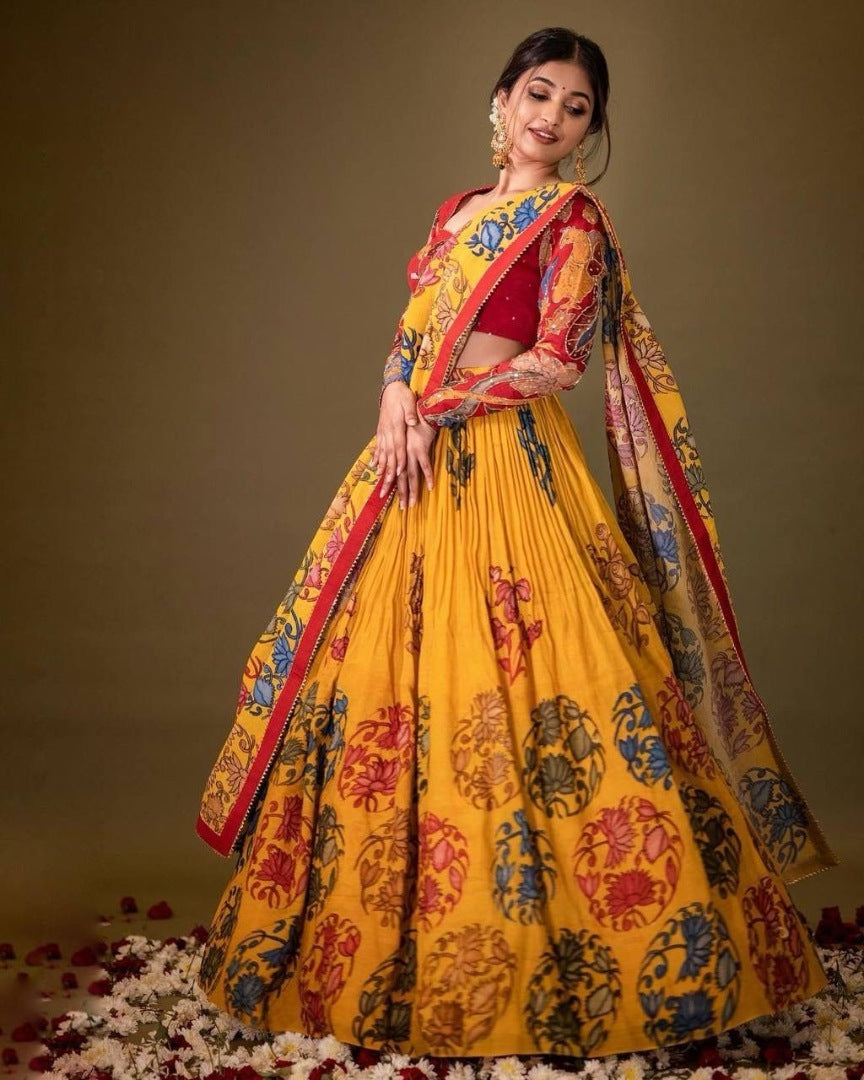 Yellow cotton printed lehenga choli