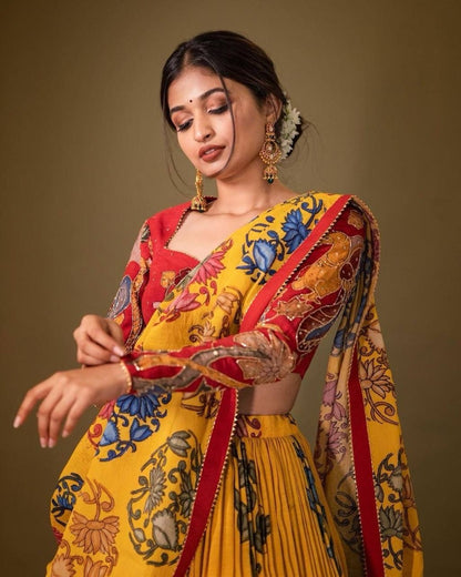 Yellow cotton printed lehenga choli