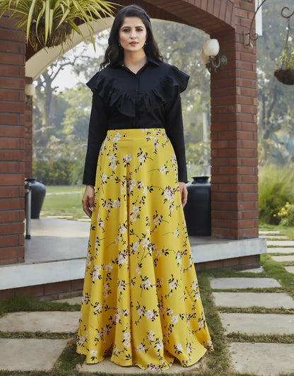 Yellow crepe silk flower printed party wear crop top lehenga