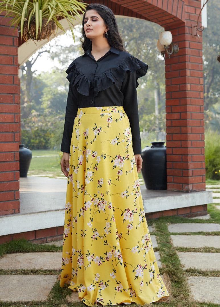 Yellow crepe silk flower printed party wear crop top lehenga