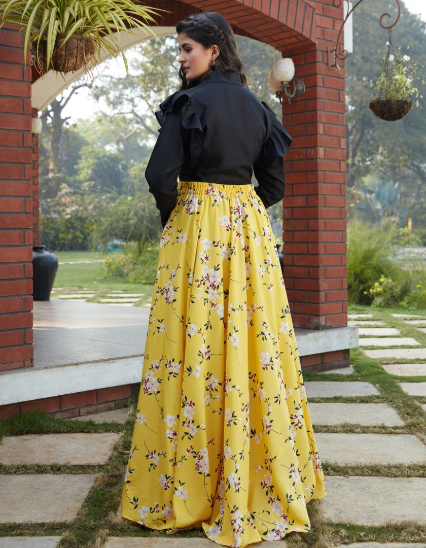 Yellow crepe silk flower printed party wear crop top lehenga