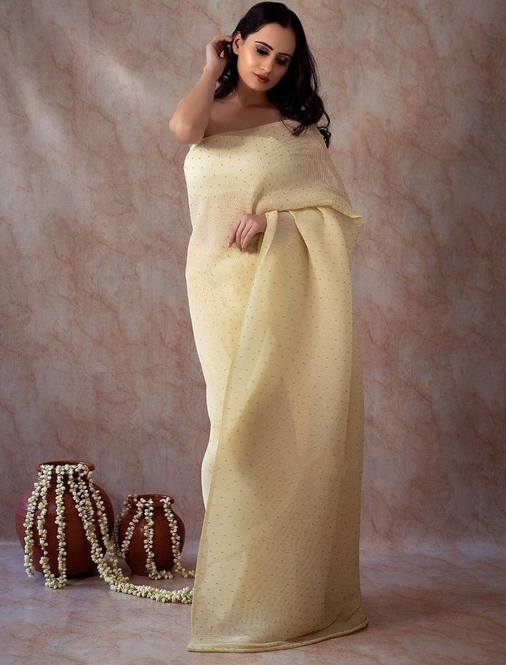 Yellow crushed georgette khatli handwork designer party wear saree