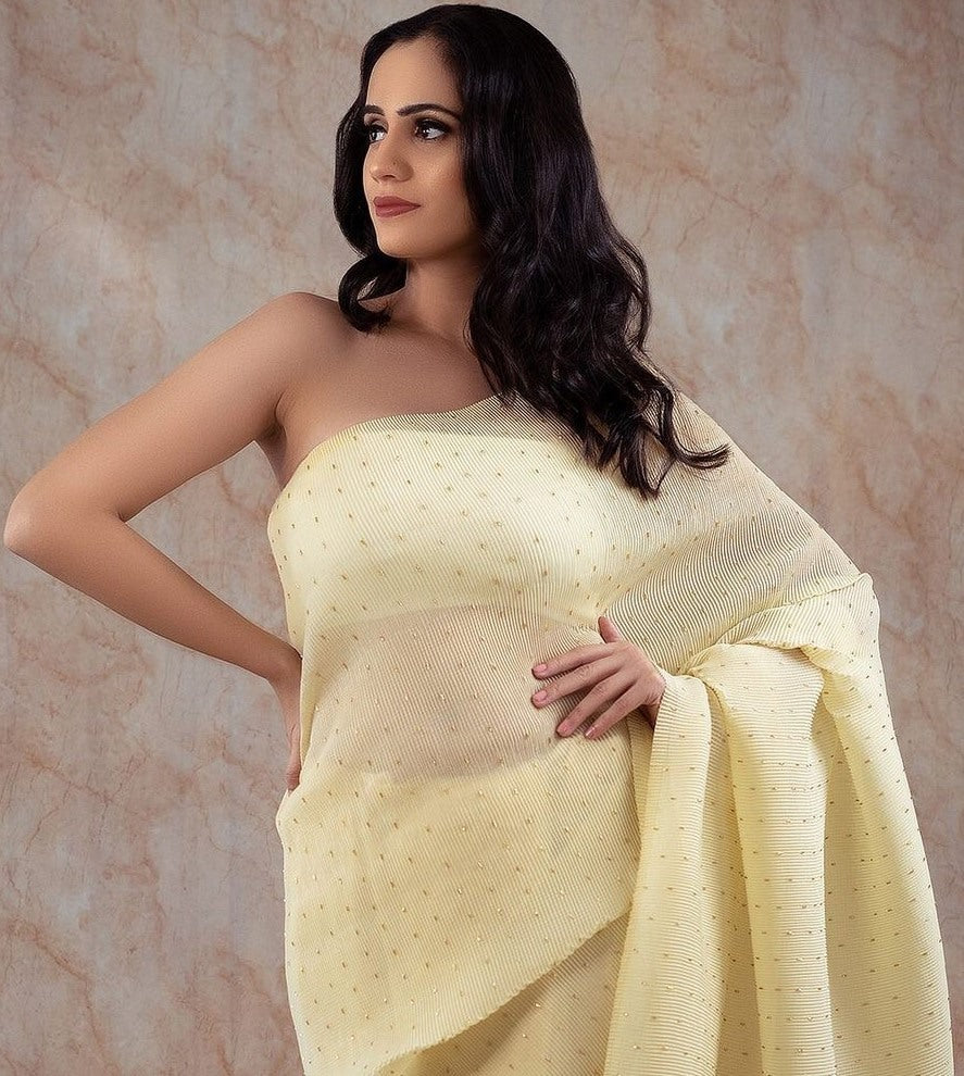 Yellow crushed georgette khatli handwork designer party wear saree