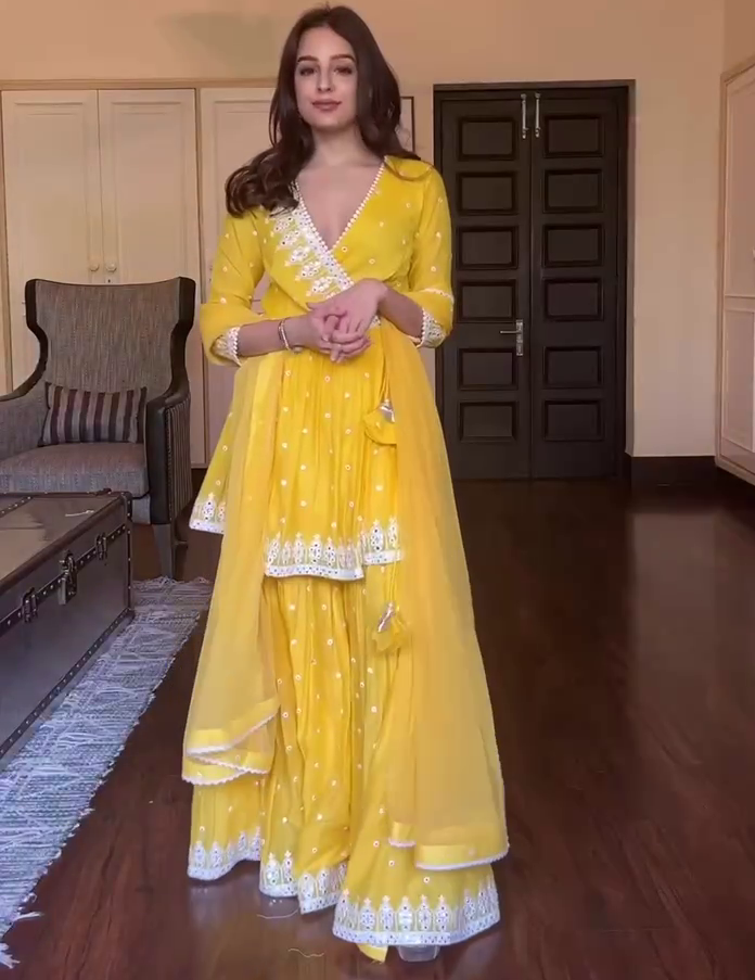 Yellow embroidery work sharara suit